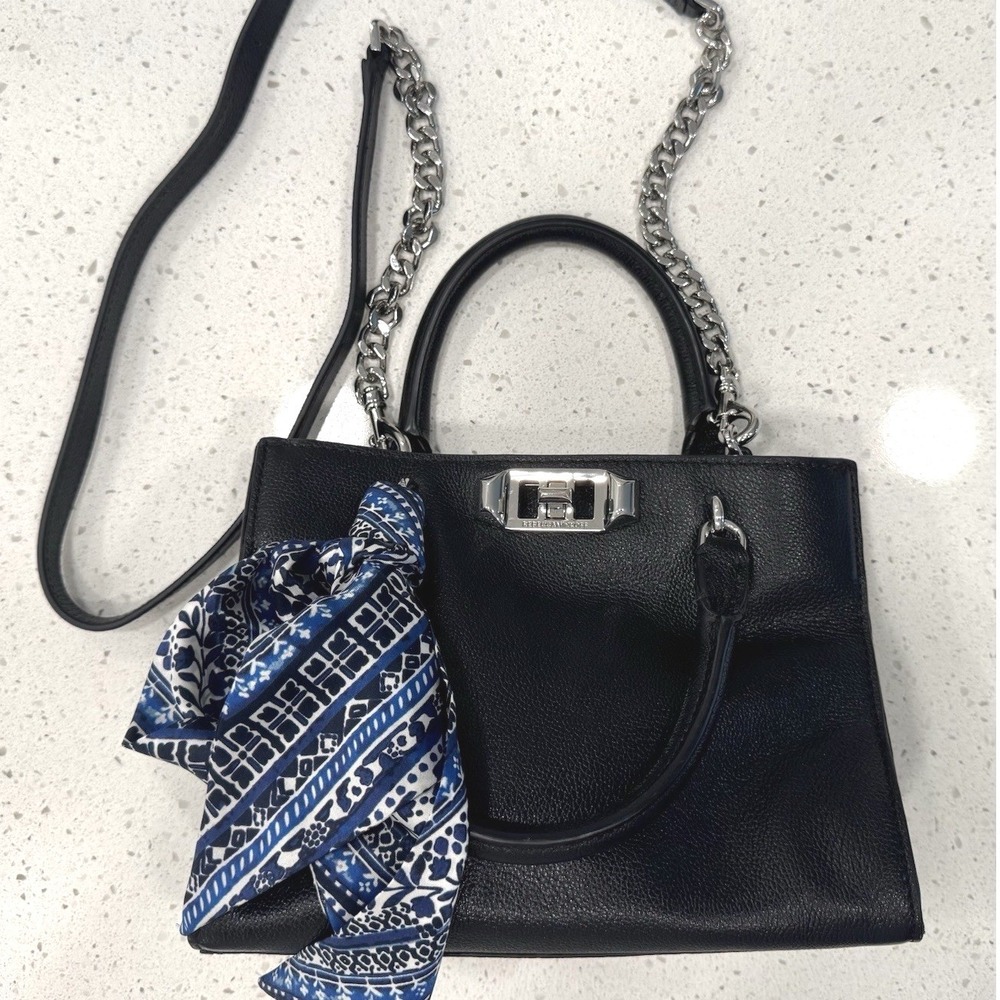 Rebecca Minkoff Black Leather Bag/Purse with Chain, Scarf & Silver Hardware‎